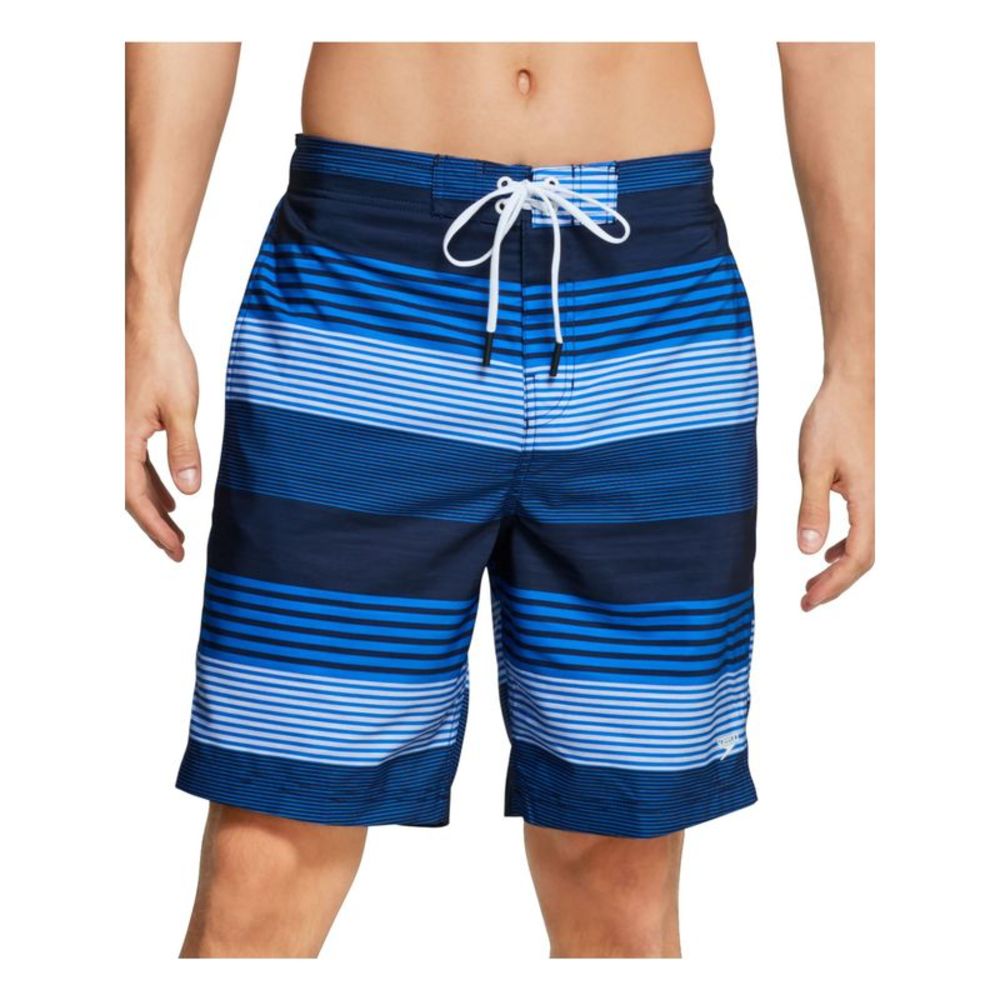 SPEEDO Mens Navy Drawstring Striped Athletic Fit Swim Trunks S